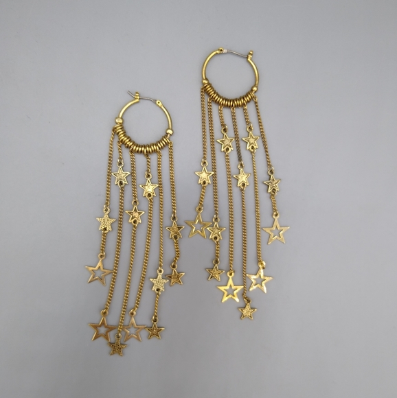 Jewelry - Gold Wire Wrapped Star Tassel Duster Hoop Earrings